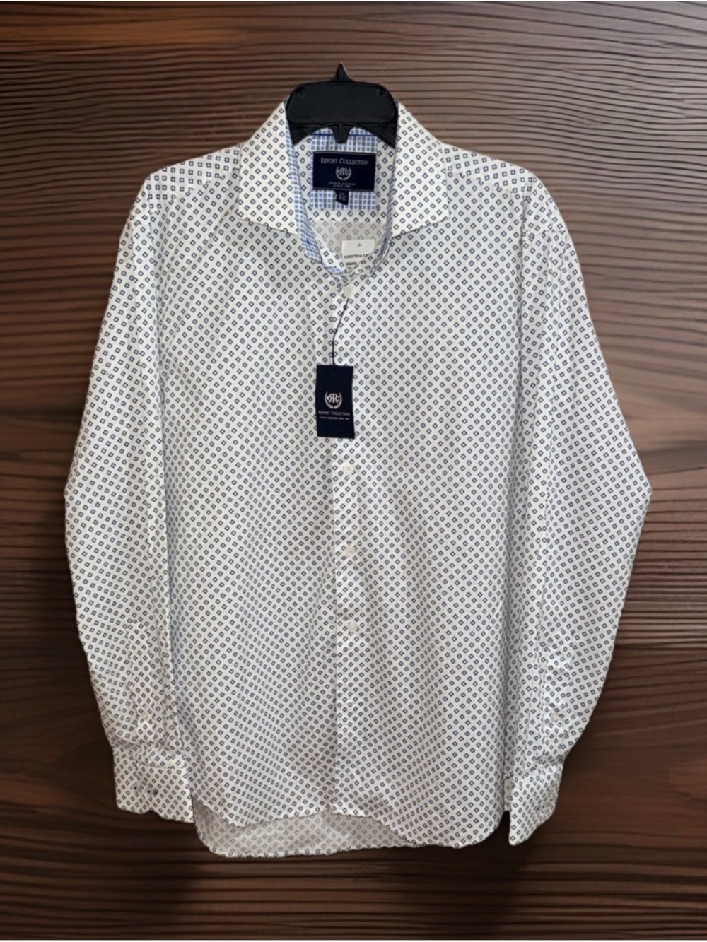 NWT Report Collection White Dress Shirt with Navy Geometric Print-L 16 1/2 34/35